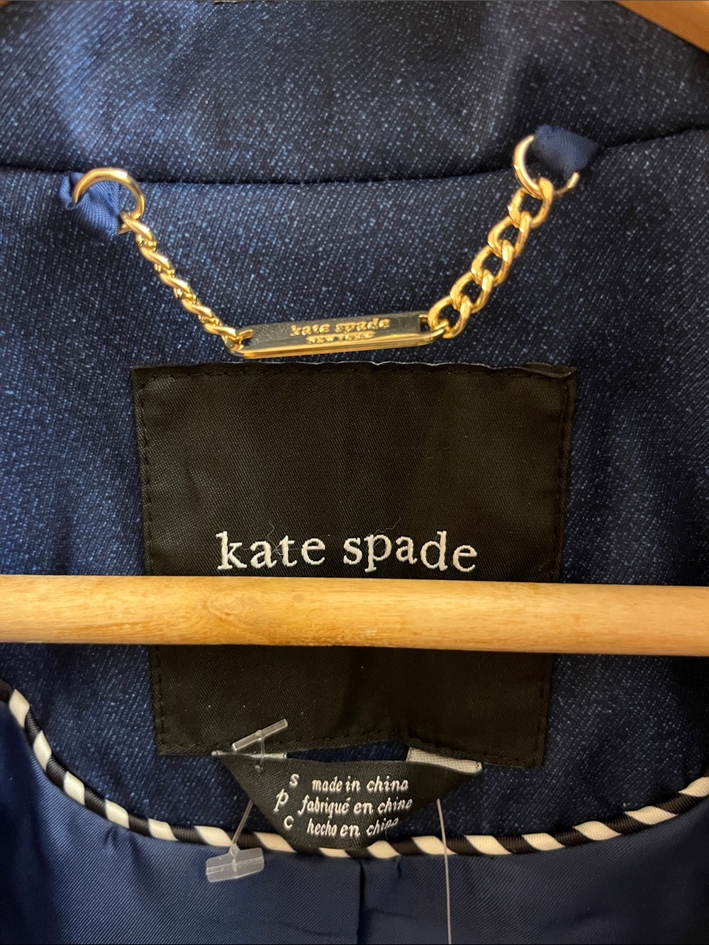 NWT Kate Spade printed denim zip front patch pocket trench removable hood size S - Picture 2 of 8